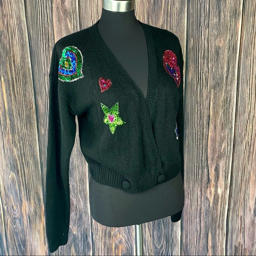 VINTAGE 80s 90s Black Wool Blend Sequined Hearts & Stars Cardigan Sweater
